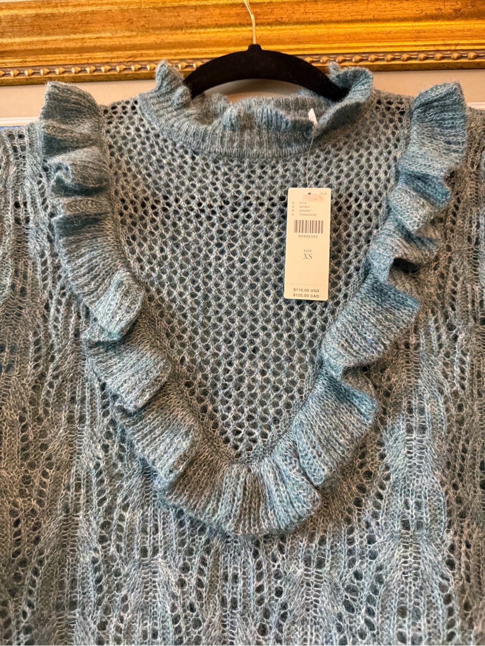 Anthropologie Ruffle V-Neck Open Knit Sweater - Light Blue